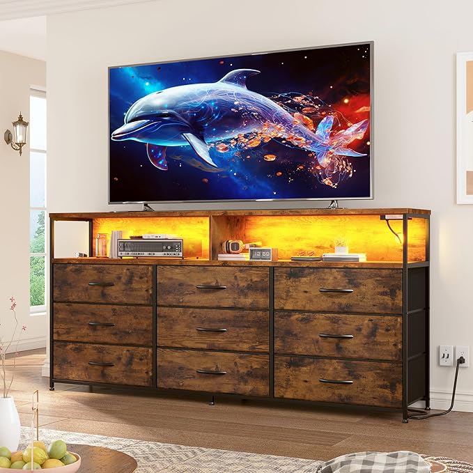 EnHomee 55” W Dresser for Bedroom with Charging Station & LED, 65" TV Stand for Bedroom with 9 Fabric Drawer & Open Storage Shelves for Closet, Rustic Brown, 11.81" D x 55.12" W x 35.43" H