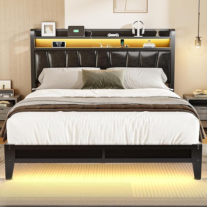 Queen Size Bed Frame with 2-Tier Storage Shelves, LED Bed Frame with PU Leather Headboard, Metal Platform Bed with Charging Station, Noise Free, No Box Spring Needed, Easy Assembly, Black