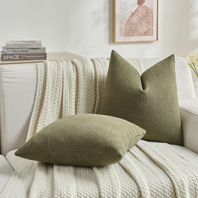 FUTEI Olive Green Decorative Throw Pillow Covers 12x20 Inch Set of 2,Soft Cozy Wheat Ear Striped Patterns Lumbar Pillow Cases,Modern Home Decor for Couch Bed Living Room