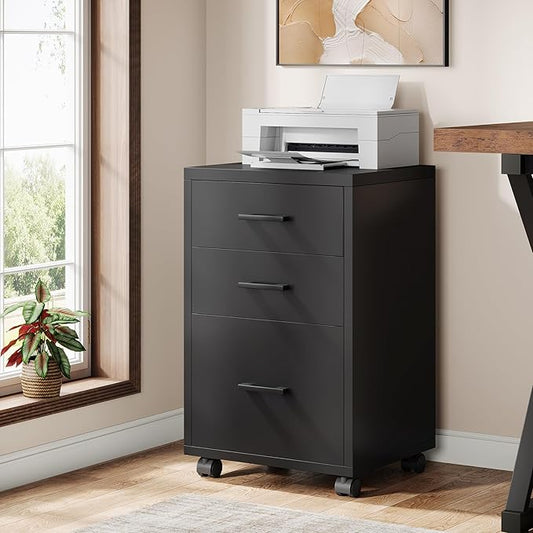 Triebsigns 3 Drawer File Cabinet, Wooden Office Filing Cabinet, Modern Rolling Printer Stand for Home Office, fits A4 or Letter Size, Under Desk, Black