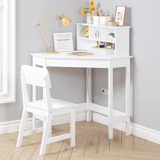 UTEX Kids Desk, Kids Corner Desk and Chair Set, Children Study Table with Storage and Hutch for Home School Use, White
