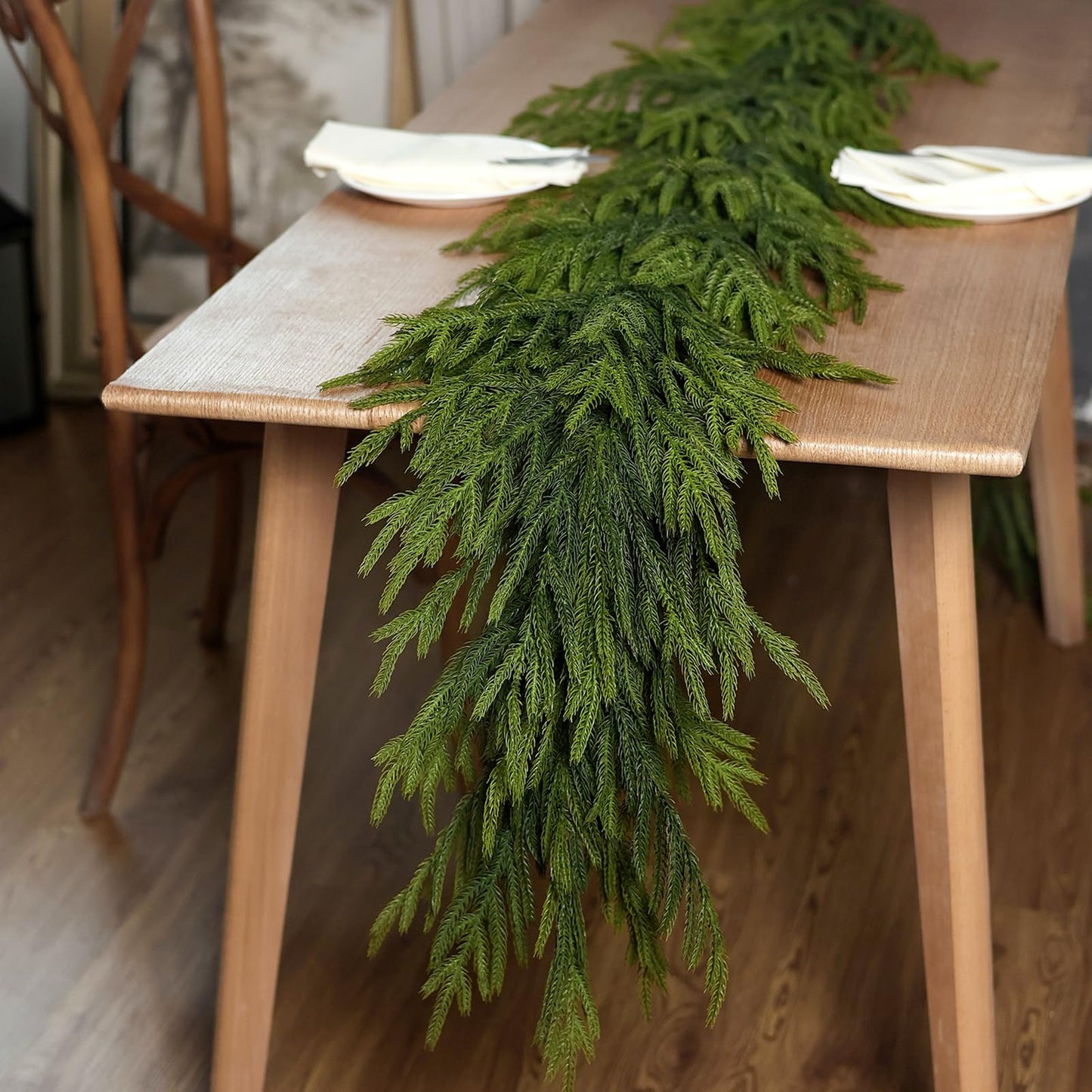 Real Touch Christmas Norfolk Pine Garland - 9ft Artificial Christmas Garland Fake Pine Needles Faux Green Garland for Fireplace,Table,Window,Stairs,Mante,Holiday Indoor Outdoor Xmas Decor(1PCS)