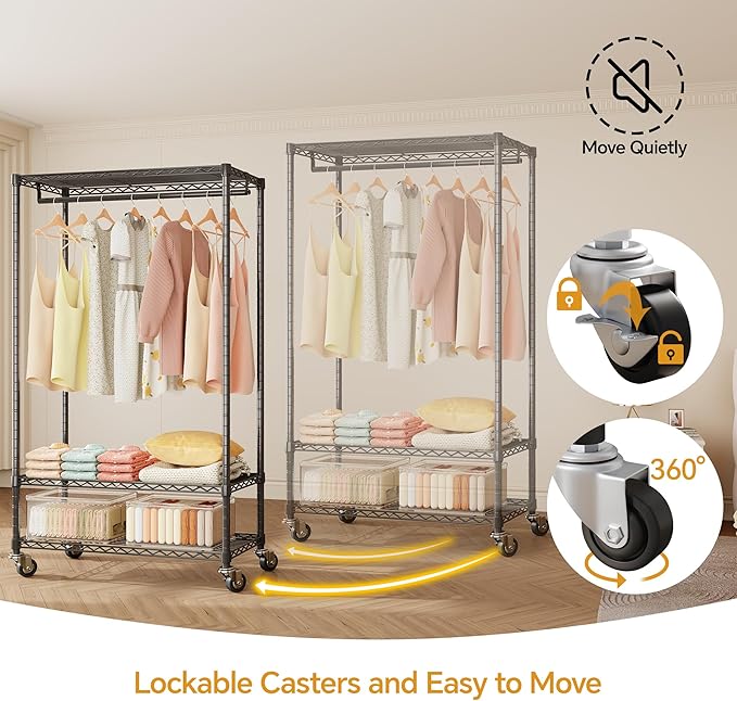 H4 Garment Rack with Cover, Rolling Heavy Duty Clothes Rack, Wardrobe Closet Organizer and Storage, Portable Closet for Hanging Clothes, Black Clothing Rack Shelf with Black Fabric Cover