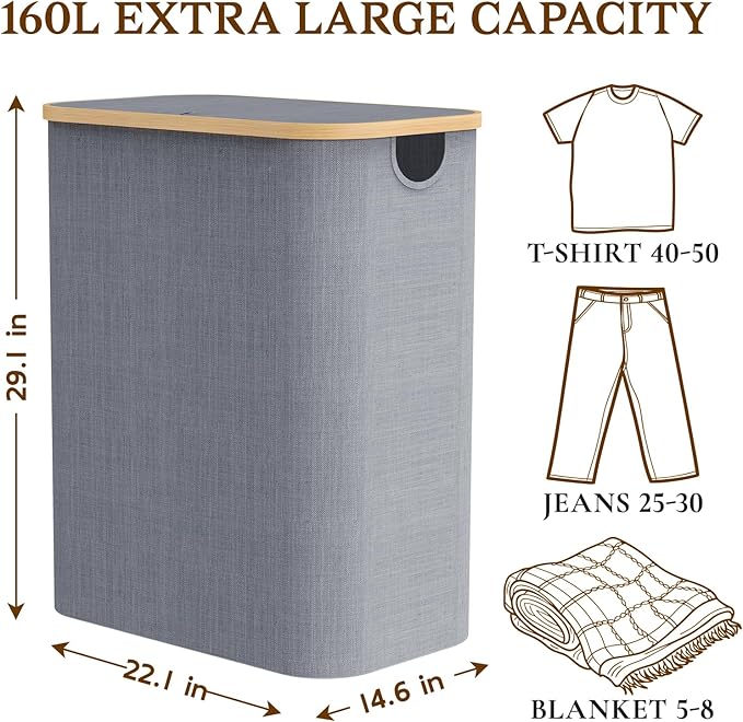 Foldable Laundry Hamper with Lid, Double Laundry Hamper, 3 Section Extra-large Laundry Basket with Bamboo Handles for Bathroom, Bedroom & Laundry Room, 160L Grey