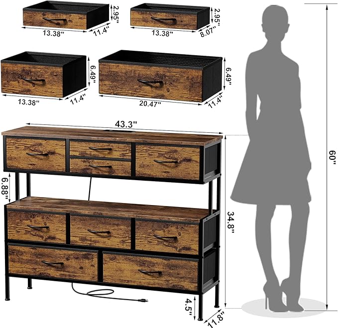 REAHOME Dresser TV Stand with Charging Station and LED Lights, 55” TV Stand Entertainment Center with 9 Drawers, Steel Frame, Large Storage Chest of Drawers for Bedroom, Living Room, Rustic Brown