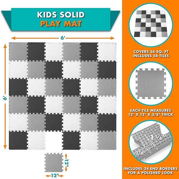 ProSource Foam Puzzle Floor Play Mat for Kids and Babies with Solid Colors, 36 or 16 Interlocking Tiles with Borders, Black/Grey/White