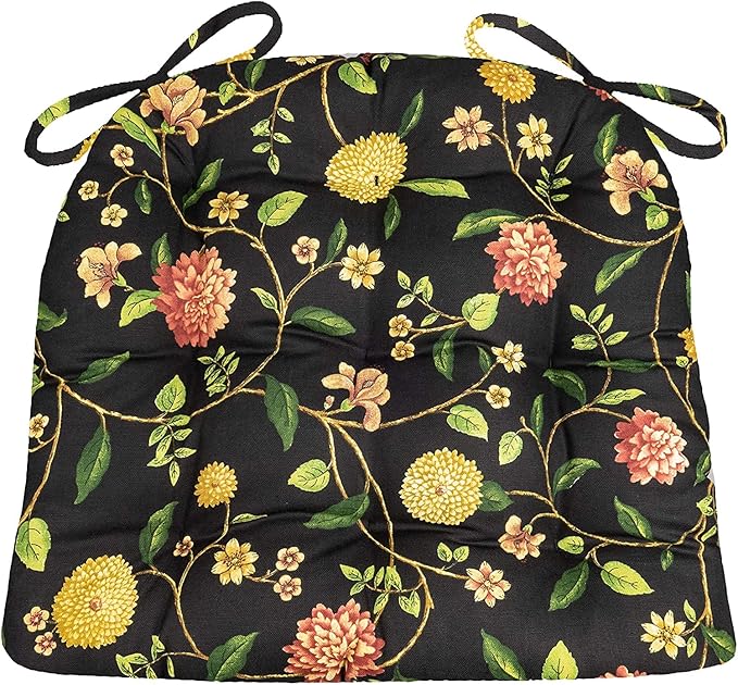 Barnett Home Decor Dining Chair Pad with Ties - Nassau Vine Onyx Black Floral - Reversible, Latex Foam Filled Cushion - Tufted Seat Cushion - Colonial Williamsburg Reproduction Print (Black, Small)