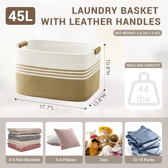 Laundry basket with leather handles for clothes,blankets,pillows,toys,towels,suitable for bedrooms and living rooms,cotton woven laundry hamper,extra large gift basket,18"x14"x11",Khaki