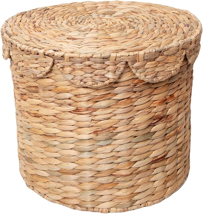 Vintage Woven Storage Basket with Scalloped Lid - Handwoven Water Hyacinth Laundry Hamper for Clothes, Blankets, Toys Organizing - Natural Wicker Basket with Lid (Small Round)
