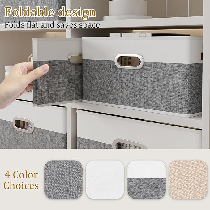 Yawinhe Foldable Storage Baskets for Shelves, Fabric Closet Organizers, Bins with 3 Handles, Cubes for Clothes, White/Grey, 15''Lx9.8''Wx8.3''H, 2-Pack