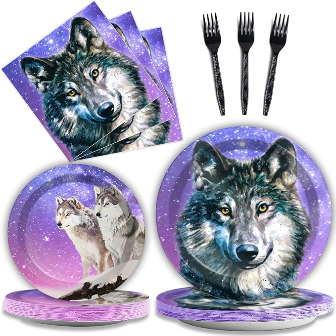 Wiooffen 96 Pcs Wolf Party Supplies Plates Napkins Forks Tableware Set Wolf Animal Birthday Disposable Dinnerware Decoration for Boys Girls Birthday Baby Shower, 24 Guests