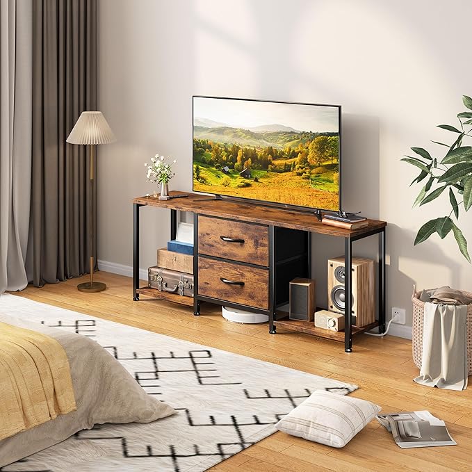 LED TV Stand Dresser for TVs up to 55 Inch, Entertainment Center with 2 Fabric Drawers and 2 Open Storage Shelves, Coffee Table Television Stands for Living Room, Bedroom, Wood Top, Rustic Brown