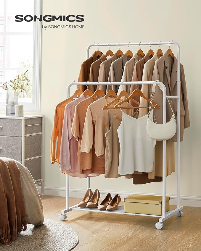 SONGMICS Double Rods Clothes Rack with Wheels, Clothing Rack for Hanging Clothes, Heavy Duty Garment Rack with Mesh Storage Shelf, 2 Brakes, Each Top Rail Holds up to 77 lb, White UHSR026W01