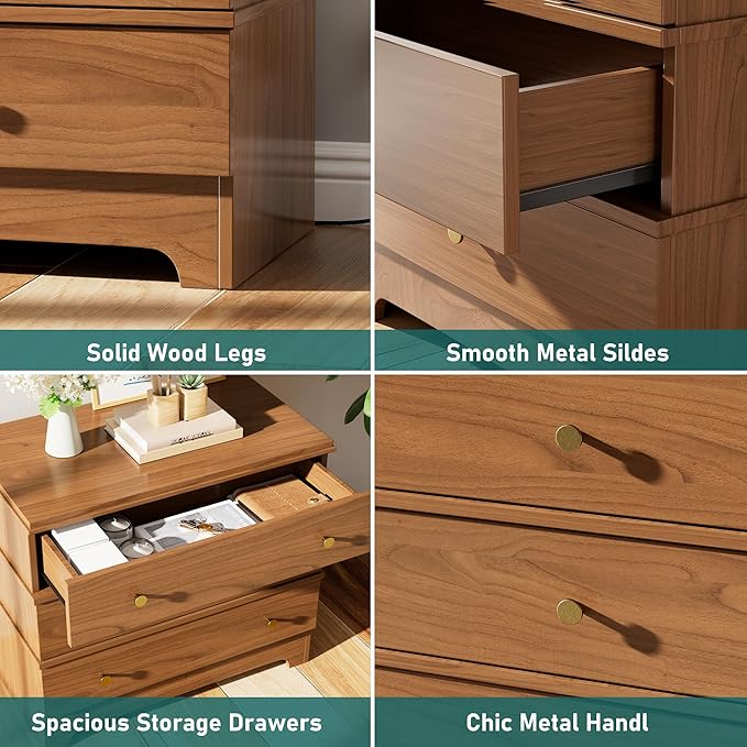 3 Drawer Nightstand with Charging Station, 28" Farmhouse Night Stand & Modern 3 Drawer Dresser for Bedroom,Wood Nightstands Storage Cabinet for Living Room, Hallway, Entryway, Home Office, Brown