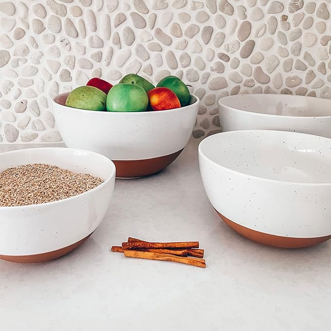 Mora Ceramic Large Mixing Bowls - Set of 2 Nesting Bowls for Cooking, Serving, Popcorn, Salad etc - Microwavable Kitchen Stoneware, Oven, Microwave and Dishwasher Safe - Extra Big 5.5 & 3.6 Qt - White