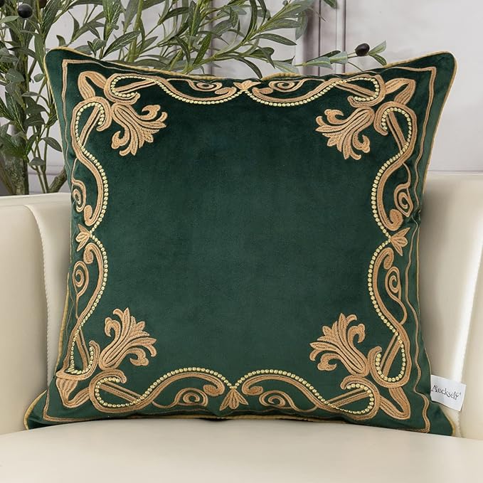 Aeckself European Luxury Velvet Throw Pillow Cover 16 x 16 Inch, Embroidery Floral Pillow Cover Home Decor Pillowcase for Couch Bedroom Living Room, Dark Emerald Green and Gold