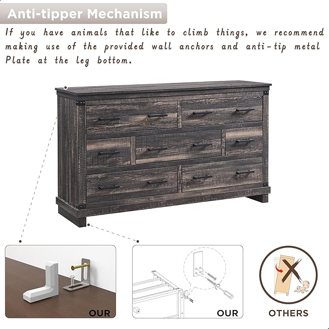 RedLemon Farmhouse 7 Drawer Dresser for Bedroom - Wood Large Dressers & Chests of Drawers for Closet, 54 Inch Long Dresser with Storage for Bedroom, Living Room, Dark Rustic Oak