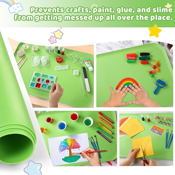 Silicone Craft Mats for Kids 24"x16"– with Raised Lip & Non-Slip | Reusable Silicone Art Mat for Play Sand, Painting, DIY Crafts | Durable Design (Green)
