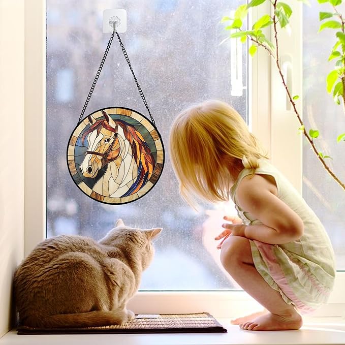 Stained Glass Window Hanging, Animal Horse Colored Mane Sun Catchers Glass Panel Cool Suncatcher Decor for Birthday for Women, Men, Wife, Aunt, and Mom 6.3 in
