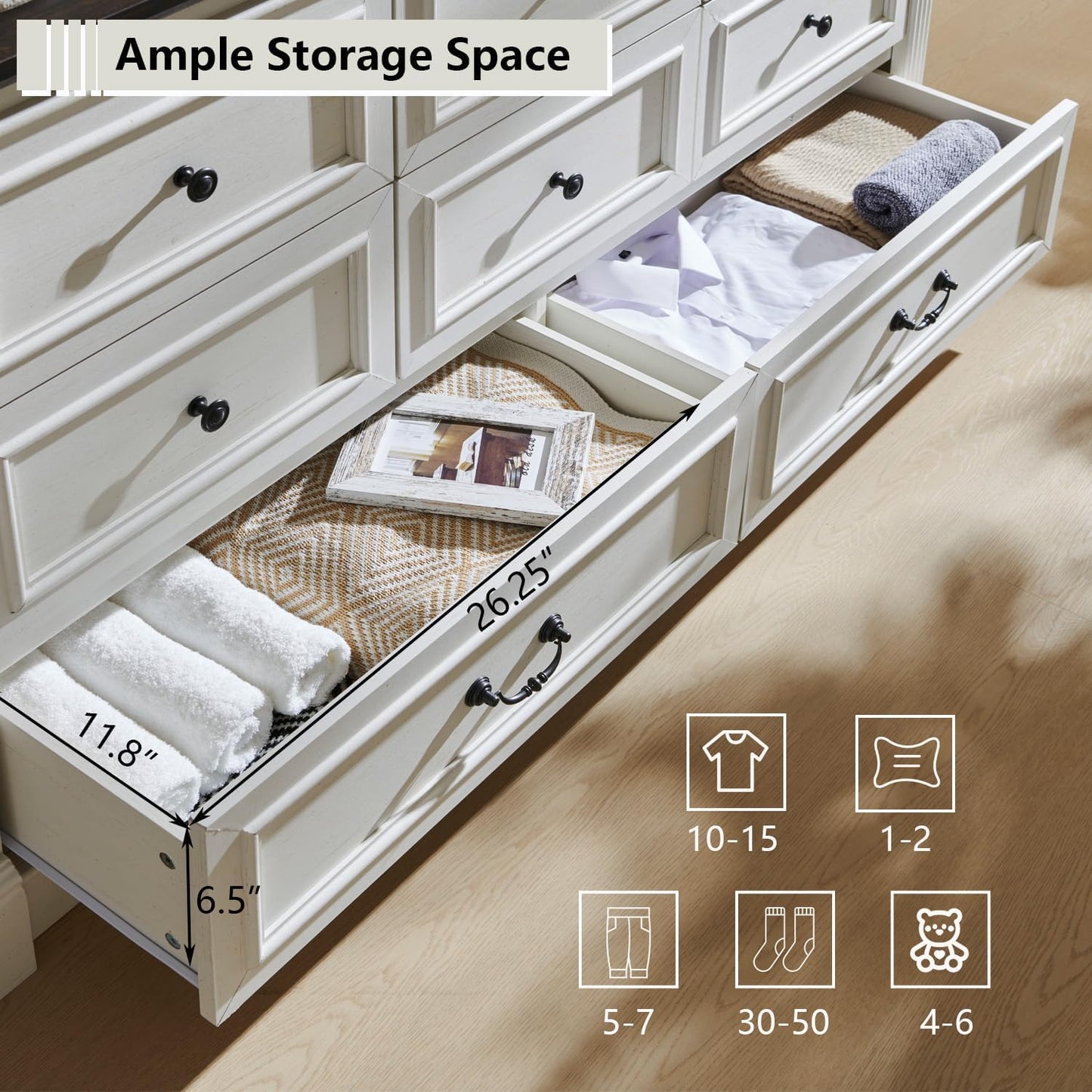 Aitjunz Farmhouse 8 Drawers Dresser for Bedroom, 61" Wide Large Dressers & Chests of Drawers w/Roman Column, Storage Dressers Organizer for Bedroom, Hallway, Living Room, White