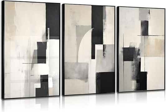 3Pcs Neutral Abstract Canvas Wall Art Pictures Modern Minimalist Posters Prints Beige Black Simple Wall Decoration for Living Room Bedroom Bathroom Office 16x24in Unframed