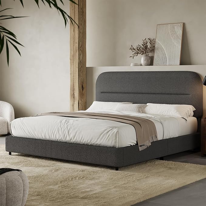 HOMBCK Queen Bed Frame with Headboard, Boucle Upholstered Soft Platform Bed Frame Queen Size with Thickened Footboard, Rounded Corners Design, No Box Spring Required, Easy Assembly, Grey