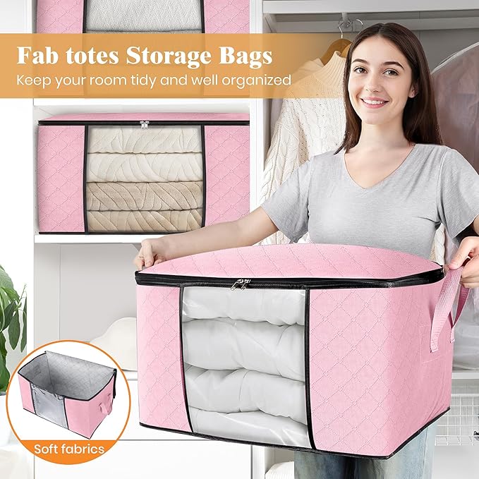 Fab totes 8 Pack Clothes Storage, Foldable Thick Fabric Blanket Storage Bags, Containers for Organizing Bedroom, Closet, Clothing, Comforter,Organization with Handle,Pink