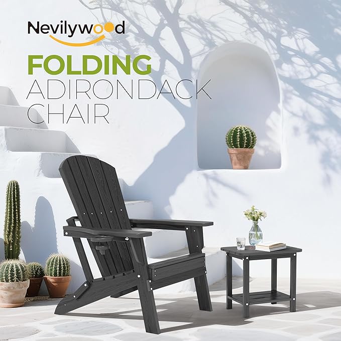 nevilywood Folding Adirondack Chair, Ergonomic Extended Backrest, HDPE All-Weather, 380lbs Capacity, Maintenance-Free, Cup Holder, （Black）- Outdoor Patio & Firepit Chair