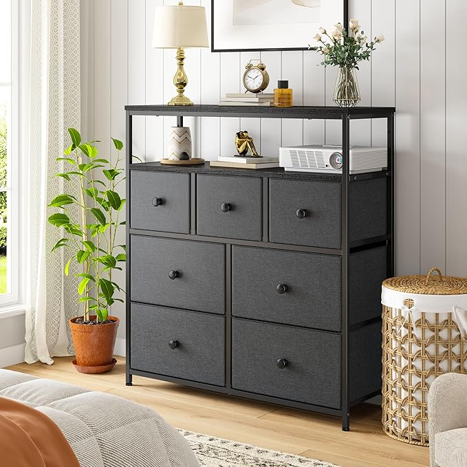 EnHomee Tv Stand for Bedroom with 7 Fabric Dressers and 2 Shelves，Dressers & Chests of Drawers for Closet，Hallway，Entryway，Dormitory，Clothes Storage，Grey