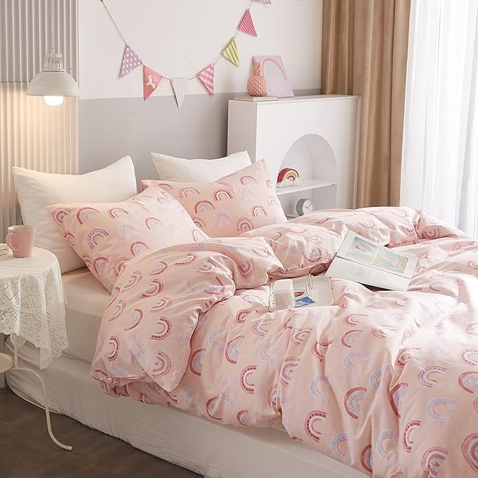 Ivellow Twin Duvet Cover Bed Set 100% Cotton Rainbow Pink for Girls Cute Kawaii Bedding Set 3 Pcs Ultra Soft Breathable Toddler Teen Kids Patterned Cartoon Comforter Cover.