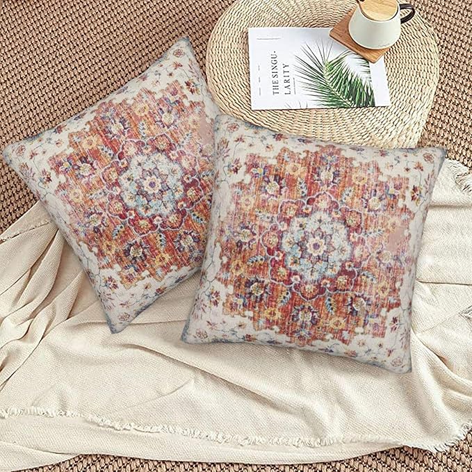 Boho Pillow Covers 20x20 Set of 2, Blue Orange Bohemian Carpet Pattern Outdoor Decorative Throw Pillows Linen Ethnic Design Vintage Farmhouse Cushion Cases for Couch Sofa Decor