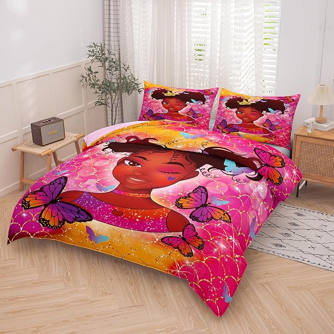 Tailor Shop Kawaii African American Black Girl Comforter Set Pink and Red Bedding Sets for Girls Kids Cute Magic Black Girl Bedding Set Mermaid Butterfly Comforter Queen Size with 2 Pillowcase…