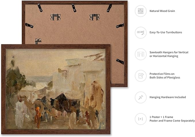 Poster Master Vintage The Bazaar Painting Poster - Retro Street in Udaipur Print - India Art - Cityscape Art - Farmhouse Art - Abstract Art - Office or Living Room Wall Decor, 11x14 Brown Framed
