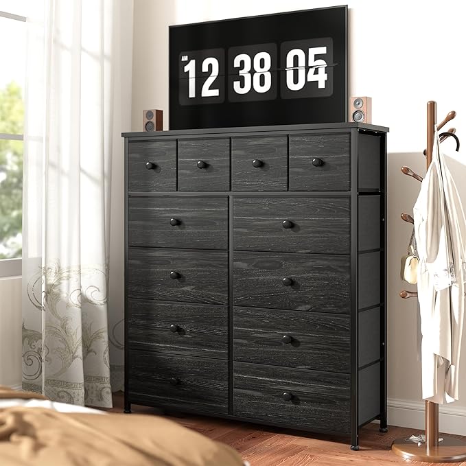 Dresser for Bedroom with 12 Drawers Tall Dressers for Bedroom Fabric Dressers & Chest of Drawers with Sturdy Metal Frame, Wood Top, for Woman, Closet, 40.6" W x 11.8" D x 44.5" H (Charcoal Black)