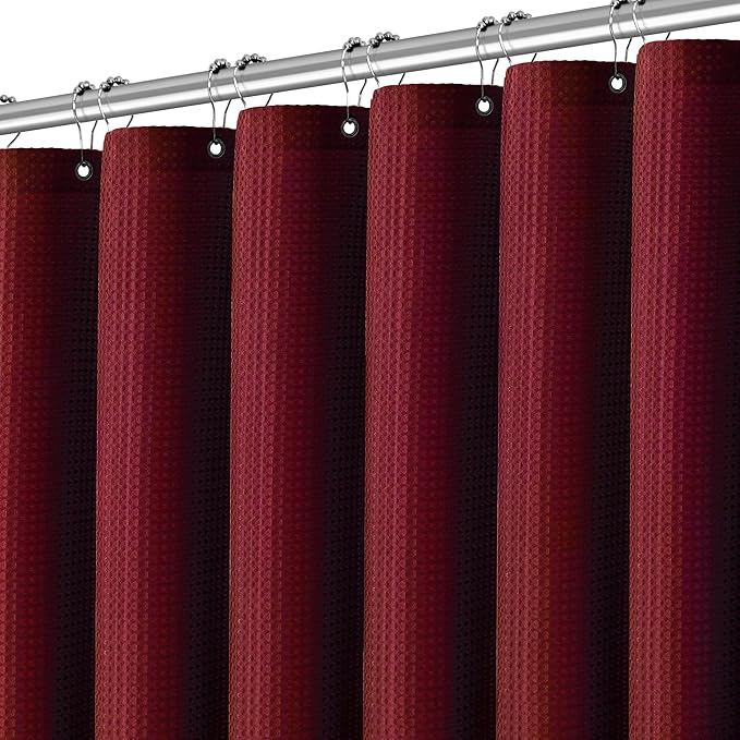 Elegant Burgundy Fabric Shower Curtain - Waffle Textured Heavy Duty Cloth Curtains for Bathroom, 256GSM Hotel Spa Luxury Weighted Polyester Bath Curtain Set with 12 Hooks 72Wx72H