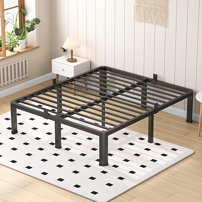 16 Inch Full Heavy Duty 3500 lbs Bed Frame with Round-Corner Legs & Anti-Squeak Design – Quick Assembly Metal Platform, No Box Spring Needed