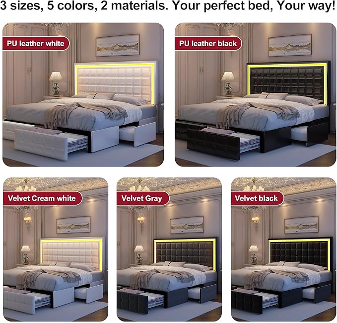 Queen Bed Frame with LED Lights & Storage Drawers, No Box Spring Needed, Heavy Duty 900lbs Weight Capacity, Easy Assembly, Modern Upholstered Platform Bed, PU Black