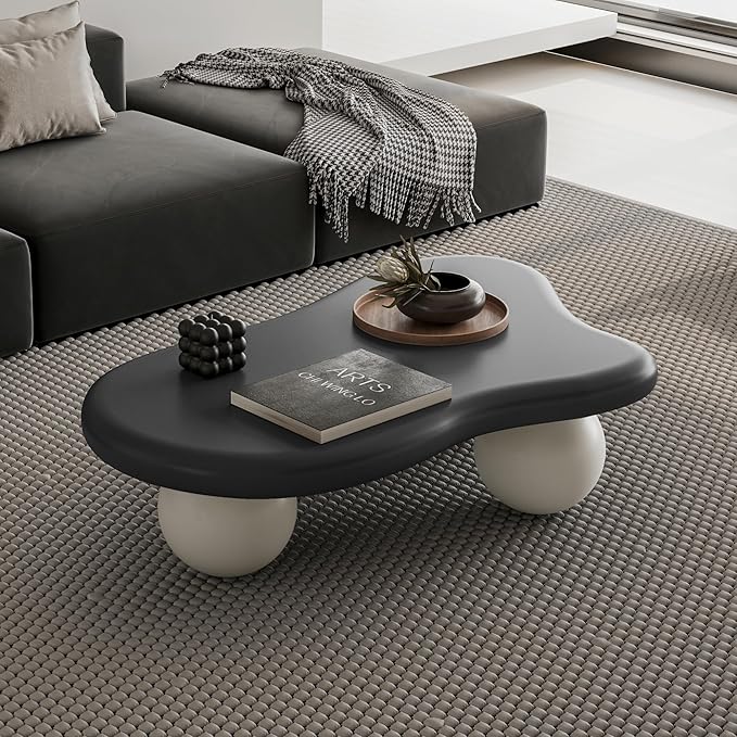 40 Inch Cloud Shaped Coffee Table with 3 Ball Legs for Living Room Black Top White Legs