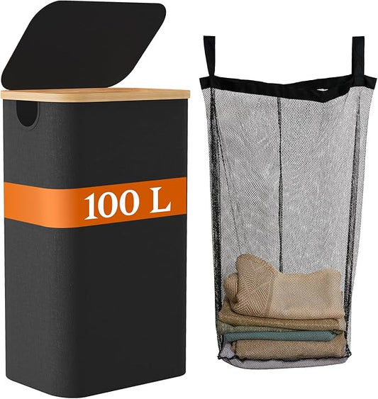 Laundry Hamper with Lid, Large Tall Clothes Basket Bin with Bamboo Handles, Collapsible Laundry Hamper for Bedroom, Bathroom, Dorm, Laundry Room, 100L Black