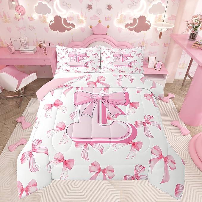 jejeloiu Kids Girls Cute Pink Bow Comforter Set Toddler Size Personalized Initial L Bedding Set Ultra Soft Monogrammed Duvet Quilt Coquette Bow Knot Quilt Set Room Decor Modern Fashion Comforter