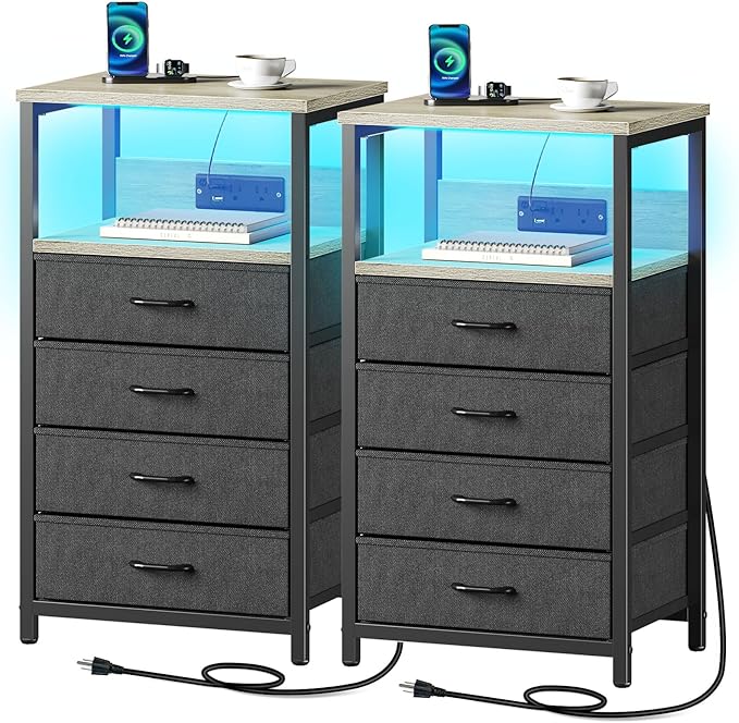 Seventable Night Stand with Charging Station, Tall Nightstand with 4 Fabric Storage Drawers, Side Table with LED Light for Bedroom, Entryway, Greige