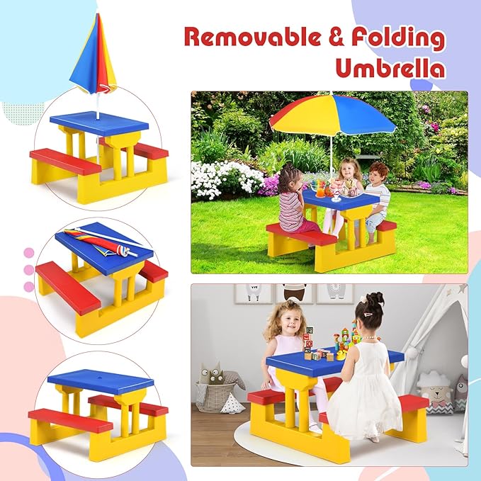 DORTALA Kids Picnic Table, Outdoor Toddler Table and Bench Set with Removable Umbrella, Plastic Kids Activity Table Set for Backyard, Garden, Nursery, Gift for Boys Girls Age 3+, Colorful