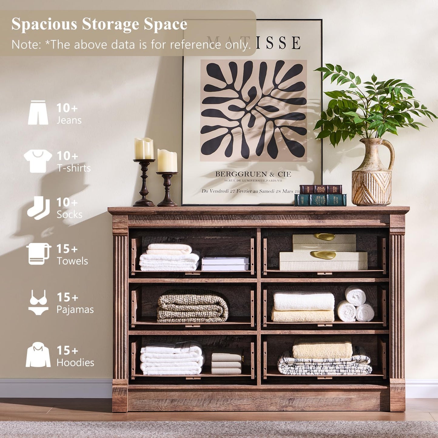 Aitjunz Farmhouse 6 Drawer Dressers for Bedroom, 47'' Wide Dresser & Chests of Drawers w/Roman Columns, Horizontal Wooden TV Stand Dresser w/Metal Handle for Bedroom, Hallway, Living room, Light Brown