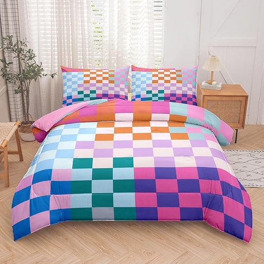 Tailor Shop Plaid Comforter Sets Queen Bedding Set Women Men Checkerboard Grid Bedding Boys Girls Checkered Geometric Room Decor with 2 Pillowcases