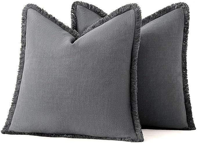 MIULEE Decorative Throw Pillow Covers Neutral Linen Fringe Throw Pillows Set of 2 Dark Grey Boho Farmhouse Cushion Covers with Tassels for Couch Sofa Bed Living Room Spring Home Decor 18x18 Inch