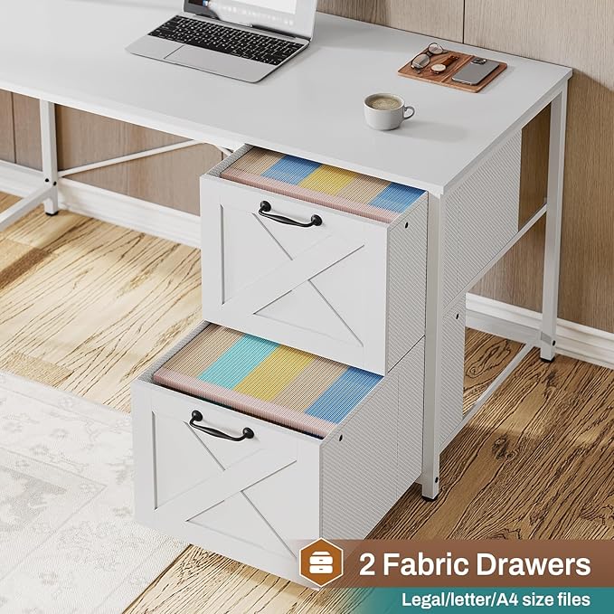 SEDETA White L Shaped Office Desk, Farmhouse Home Office Desk with Fabric File Drawers and Power Outlet, Corner Gaming Desk with LED Lights, Hutch and Storage Shelves