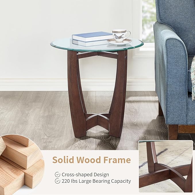 Glass End Table, 23.5" Round Side Tables with Tempered Glass Top Cross and Solid Wood Base Small Night Stand for Living Room Office Apartment Cherry