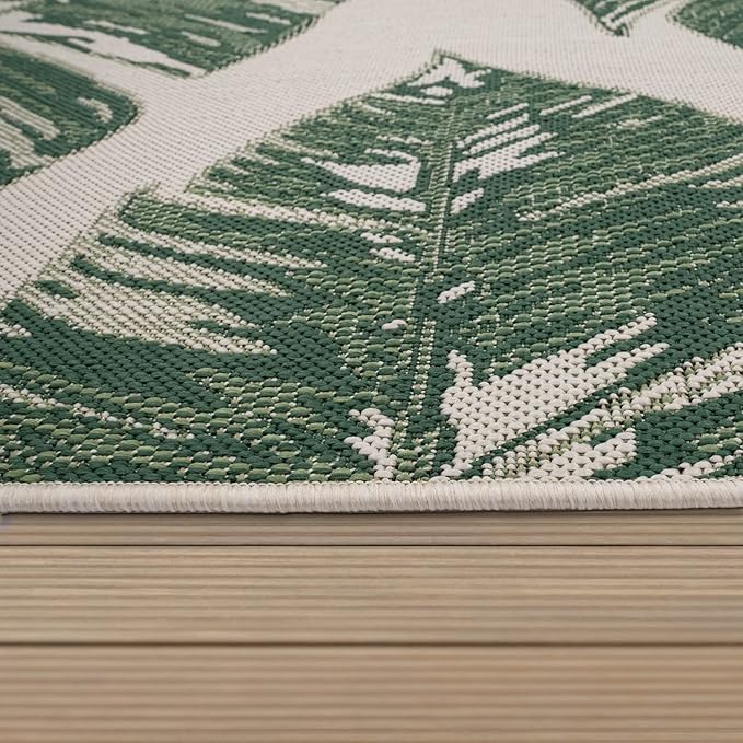 Tropical Outdoor Rug Jungle Leaves Design for Patio in Green Beige, Size: 2' x 3'3"