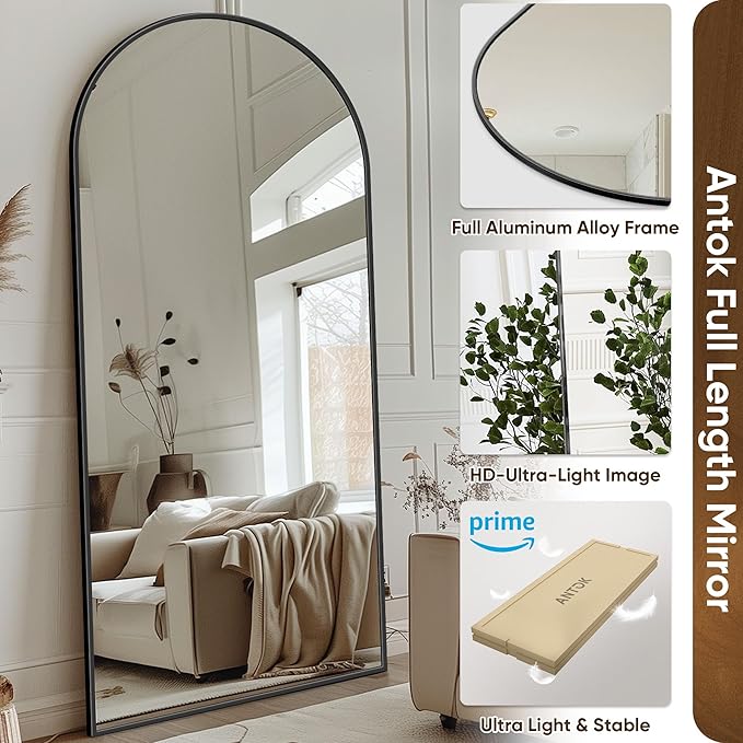 Antok Full Length Mirror, 76"x34" Floor Mirror with Stand, Hanging Mounted Mirrors for Bedroom, Living Room, Cloakroom, Dining Room, Black, Arched