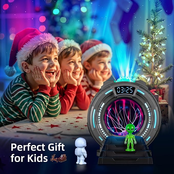 Space Portal Plasma Ball Night Light, LED Galaxy Projector Alien Lamp with White Noise, Bluetooth Music Speaker Alarm Clock,Remote,Star Light for Kids Room Decor Lamp, Christmas/Birthday Gift.(Gray)